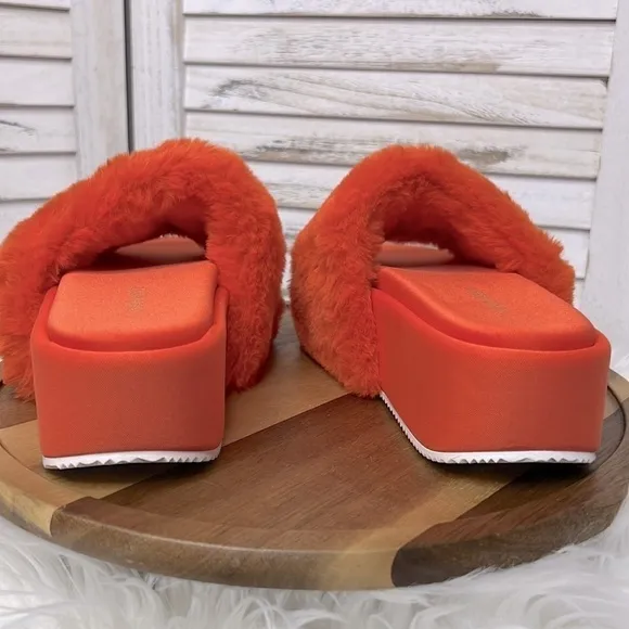 NINE WEST l Fuzzy Orange Platform Slider Sandals New! Size 8