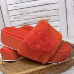 NINE WEST l Fuzzy Orange Platform Slider Sandals New! Size 8