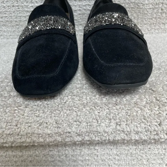 NWB Karl Lagerfeld Paris Quincey Black Suede Grey Stone Embellished Loafers