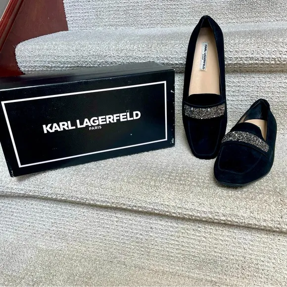 NWB Karl Lagerfeld Paris Quincey Black Suede Grey Stone Embellished Loafers