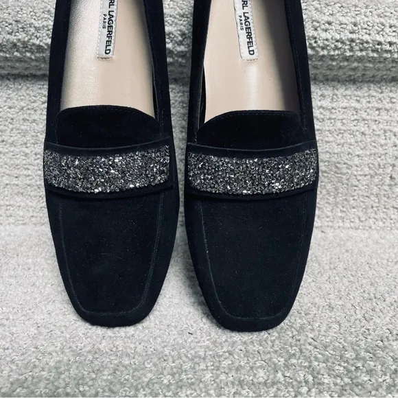 NWB Karl Lagerfeld Paris Quincey Black Suede Grey Stone Embellished Loafers
