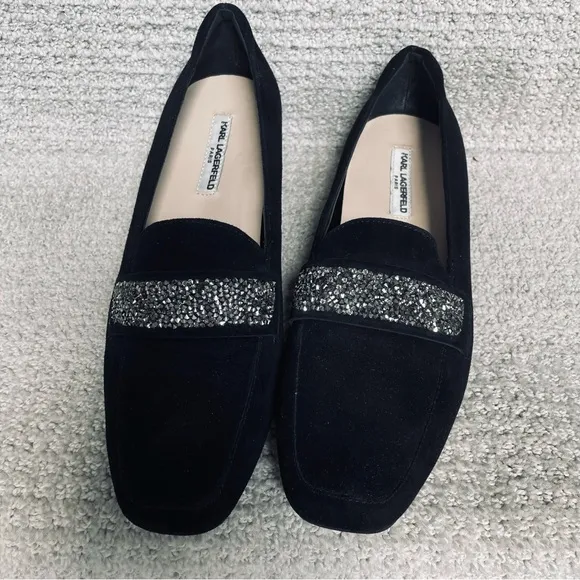 NWB Karl Lagerfeld Paris Quincey Black Suede Grey Stone Embellished Loafers