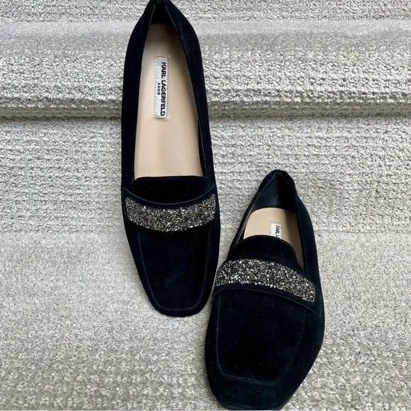 NWB Karl Lagerfeld Paris Quincey Black Suede Grey Stone Embellished Loafers