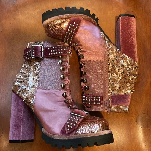 NWOB Jeffrey Campbell Lilith 2 Block Heel Boots Pink Patchwork Women's Size 6.5
