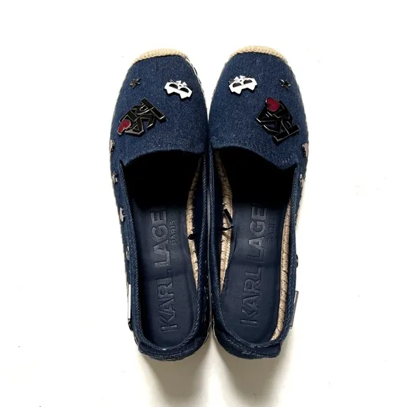 NWOB KARL LAGERFELD Malvie Denim Embellished Espadrilles Enamel Pins Size 9.5