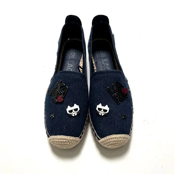 NWOB KARL LAGERFELD Malvie Denim Embellished Espadrilles Enamel Pins Size 9.5
