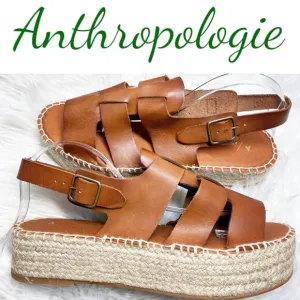 NWOT ANTHROPOLOGIE Brown Leather Platform Fisherman Sandals Espadrilles, Size 41