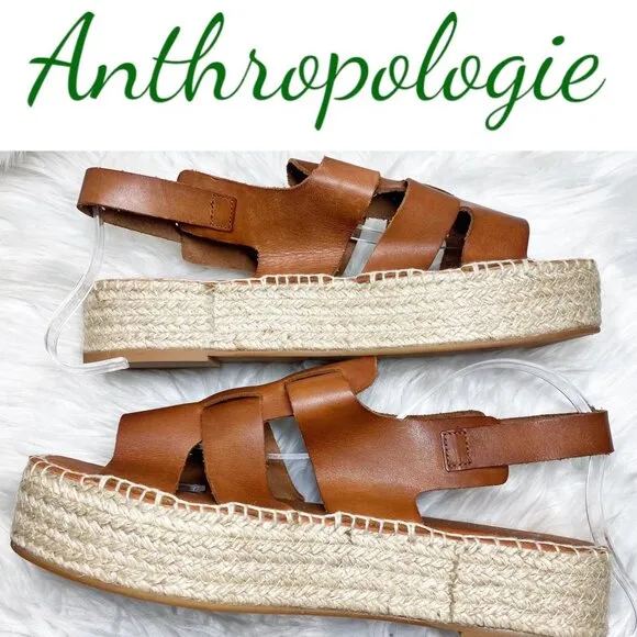 NWOT ANTHROPOLOGIE Brown Leather Platform Fisherman Sandals Espadrilles, Size 41