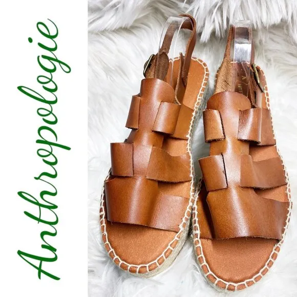NWOT ANTHROPOLOGIE Brown Leather Platform Fisherman Sandals Espadrilles, Size 41