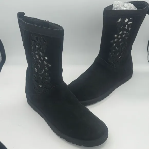 NWOT UGG Lo Pro Floral Cutout Black Suede Boots