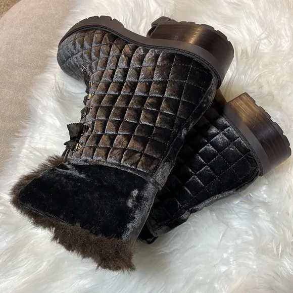 NWT (7.5) Isaac Mizrahi brown fur ankle boots Leanna BM new suede quilted laceup