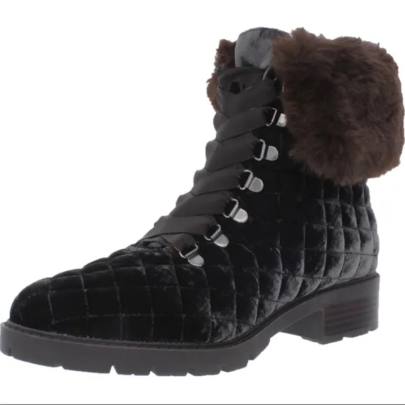 NWT (7.5) Isaac Mizrahi brown fur ankle boots Leanna BM new suede quilted laceup