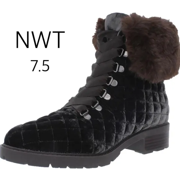 NWT (7.5) Isaac Mizrahi brown fur ankle boots Leanna BM new suede quilted laceup