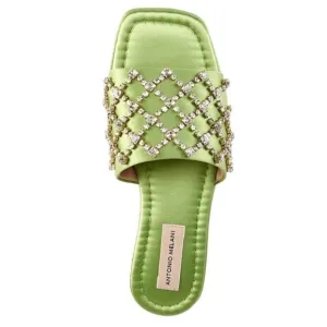 NWT Antonio Melani Dacie Satin Jeweled Flat Square Toe Slides Algae Green Size:7