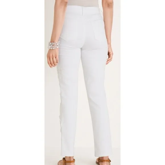 NWT Chico’s White Embroidered Jeans Ankle Girlfriend So Slimming Beaded Size 14P