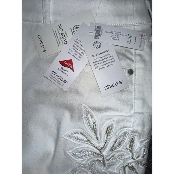 NWT Chico’s White Embroidered Jeans Ankle Girlfriend So Slimming Beaded Size 14P