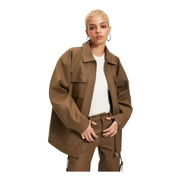 NWT GOOD AMERICAN Better Than Leather Oversized Chore Jacket Brown Size 5/2XL