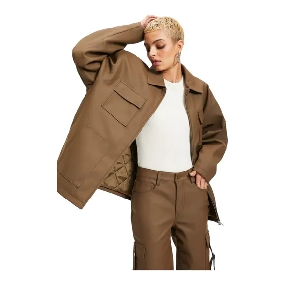NWT GOOD AMERICAN Better Than Leather Oversized Chore Jacket Brown Size 5/2XL