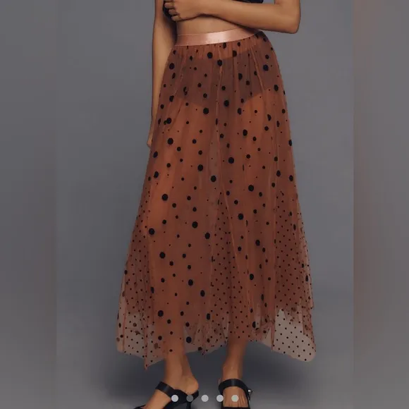 🌺🌷NWT Maeve Tulle Maxi Skirt M 6 8 Taupe Polka Dot Mesh Layered Anthropologie