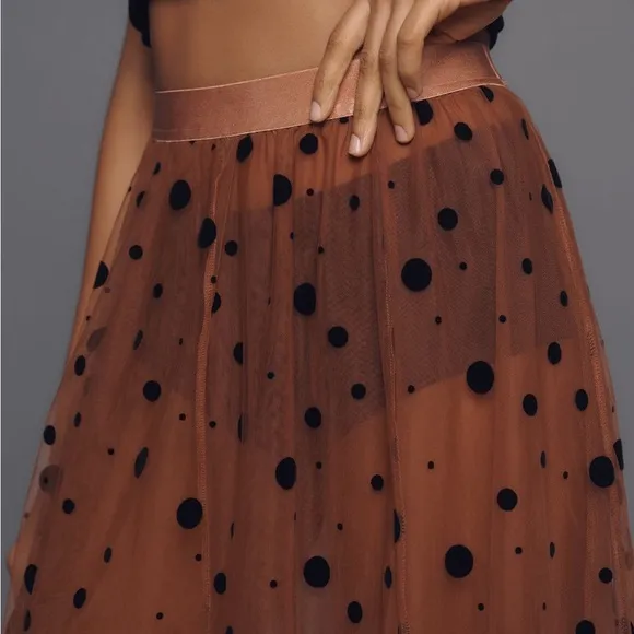 🌺🌷NWT Maeve Tulle Maxi Skirt M 6 8 Taupe Polka Dot Mesh Layered Anthropologie