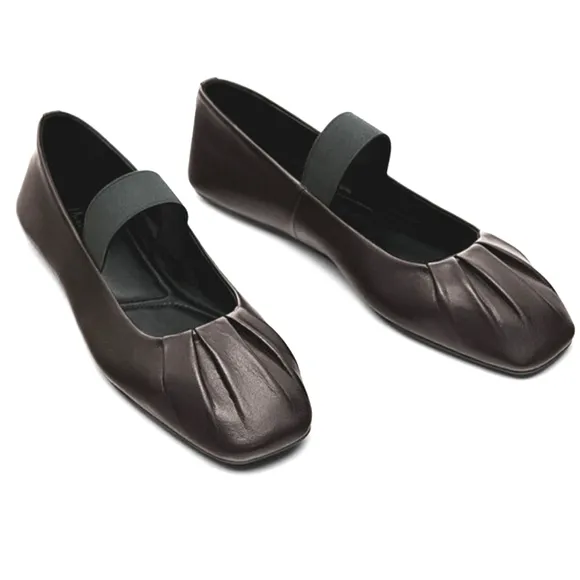 NWT Massimo Dutti Dark Brown Gathered Leather Ballet Flats EU 40 US Size 9