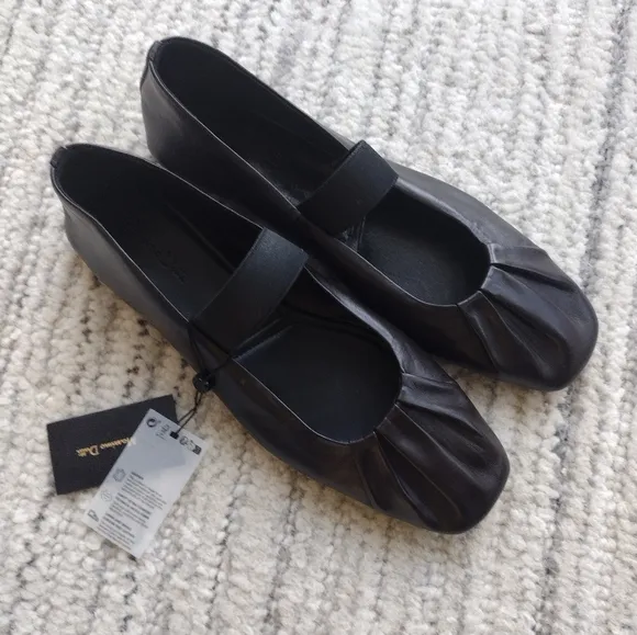 NWT Massimo Dutti Dark Brown Gathered Leather Ballet Flats EU 40 US Size 9