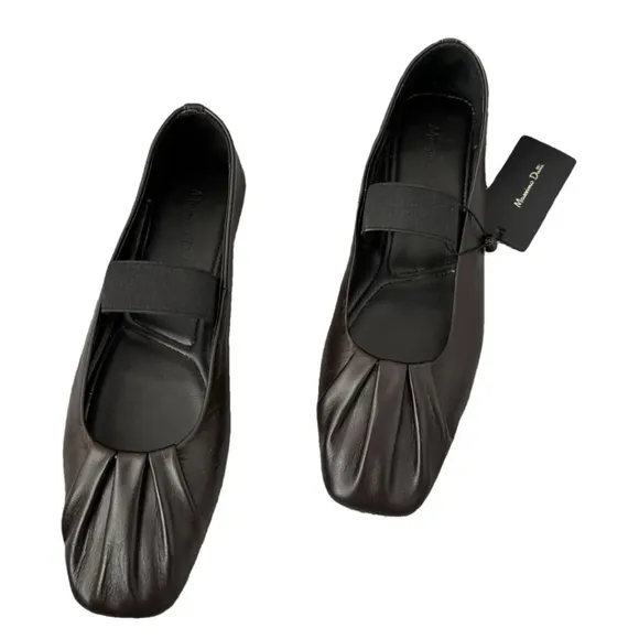 NWT Massimo Dutti Dark Brown Gathered Leather Ballet Flats EU 40 US Size 9