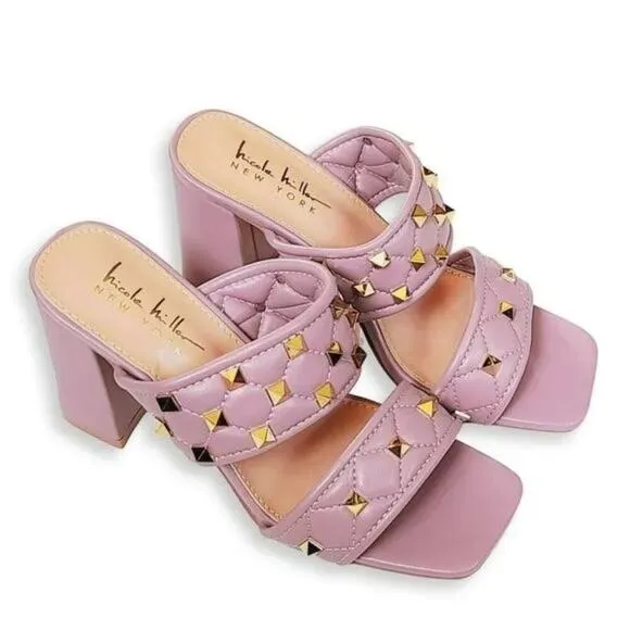 NWT Nicole Miller Quilted Studded Open Toe Block Heel Slide-on Sandals