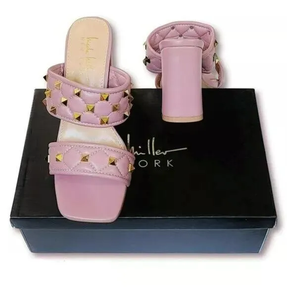 NWT Nicole Miller Quilted Studded Open Toe Block Heel Slide-on Sandals