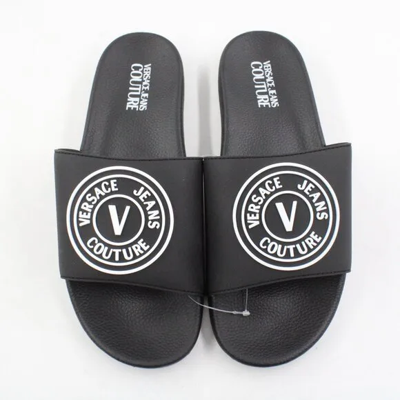 NWT Versace Jeans Couture Gummy V-Emblem Pool Slides in Black/White US Men's 10