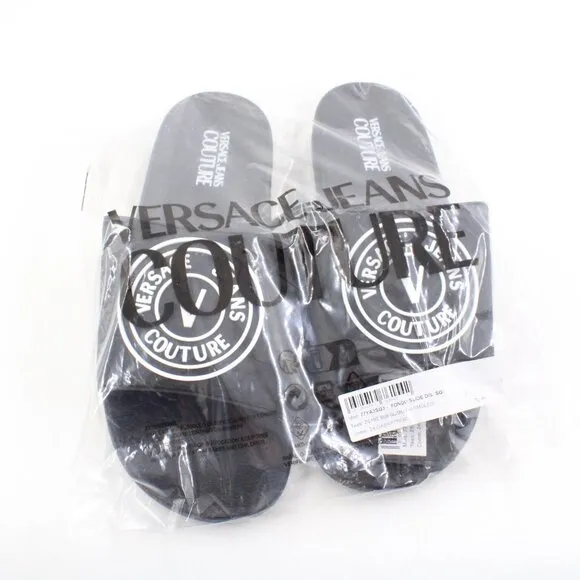 NWT Versace Jeans Couture Gummy V-Emblem Pool Slides in Black/White US Men's 10