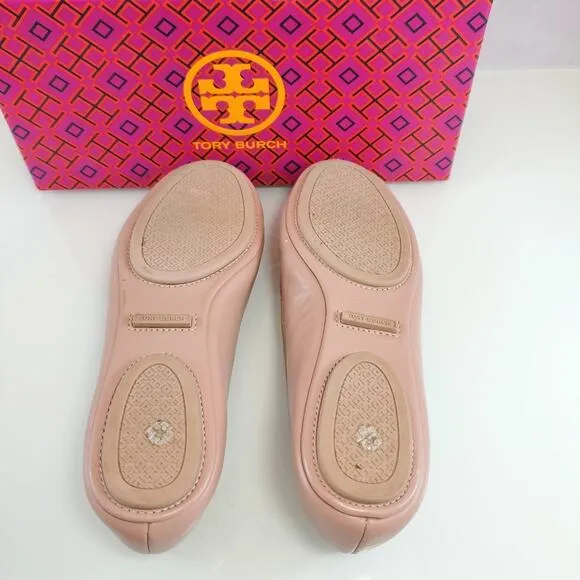 NWT$228 Tory Burch Minnie Travel Meadowsweet TT Logo Leather Ballet Flats 5.5