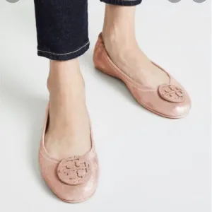 NWT$228 Tory Burch Minnie Travel Meadowsweet TT Logo Leather Ballet Flats 5.5