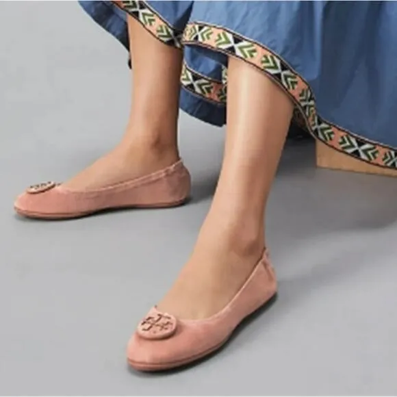 NWT$228 Tory Burch Minnie Travel Meadowsweet TT Logo Leather Ballet Flats 5.5