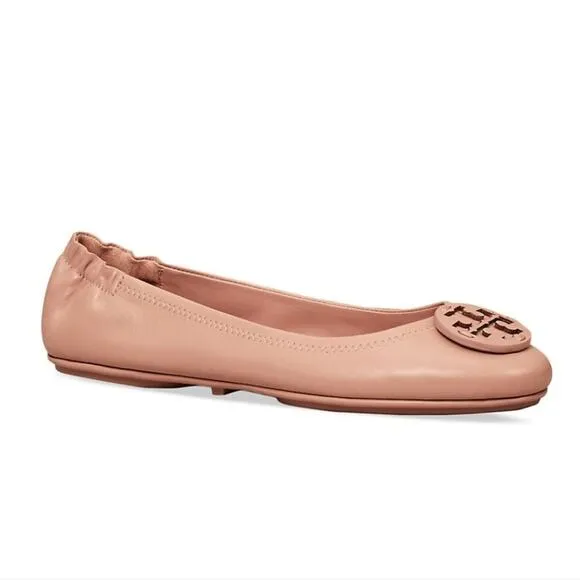 NWT$228 Tory Burch Minnie Travel Meadowsweet TT Logo Leather Ballet Flats 5.5