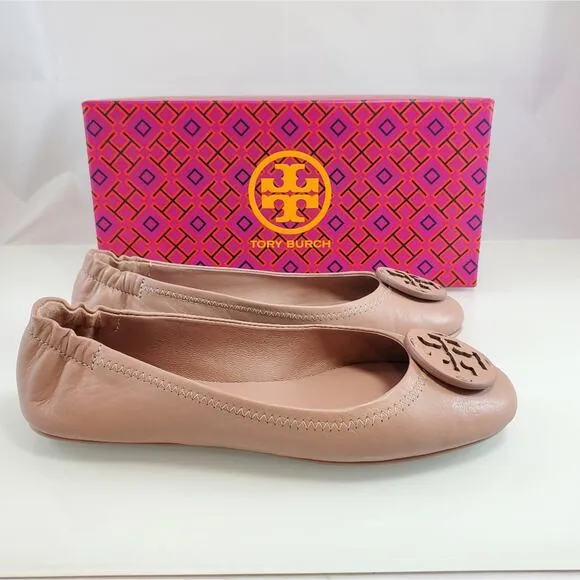 NWT$228 Tory Burch Minnie Travel Meadowsweet TT Logo Leather Ballet Flats 5.5