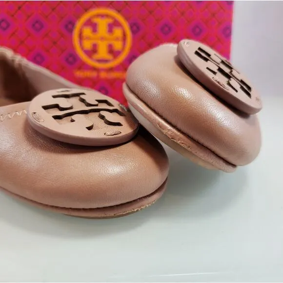 NWT$228 Tory Burch Minnie Travel Meadowsweet TT Logo Leather Ballet Flats 5.5