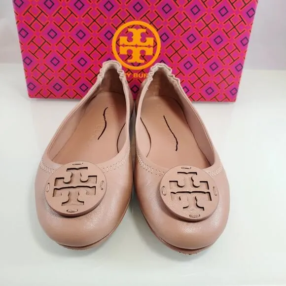 NWT$228 Tory Burch Minnie Travel Meadowsweet TT Logo Leather Ballet Flats 5.5