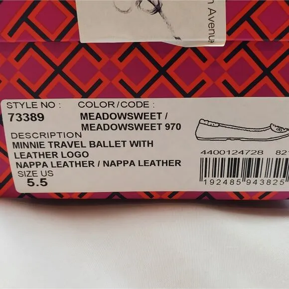 NWT$228 Tory Burch Minnie Travel Meadowsweet TT Logo Leather Ballet Flats 5.5