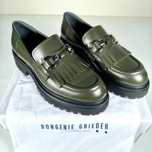 Olive Green Leather Chunky Loafers, Kiltie &amp; Silver Chain Made in Italy 7.5 NWOT