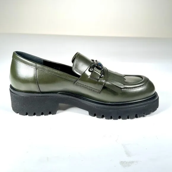 Olive Green Leather Chunky Loafers, Kiltie &amp; Silver Chain Made in Italy 7.5 NWOT