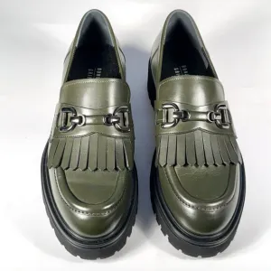 Olive Green Leather Chunky Loafers, Kiltie &amp; Silver Chain Made in Italy 7.5 NWOT