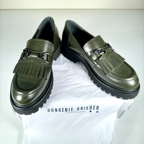 Olive Green Leather Chunky Loafers, Kiltie &amp; Silver Chain Made in Italy 7.5 NWOT