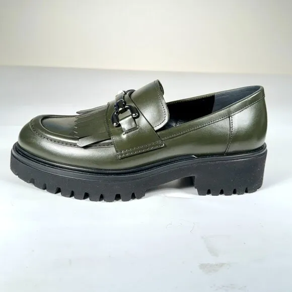Olive Green Leather Chunky Loafers, Kiltie &amp; Silver Chain Made in Italy 7.5 NWOT