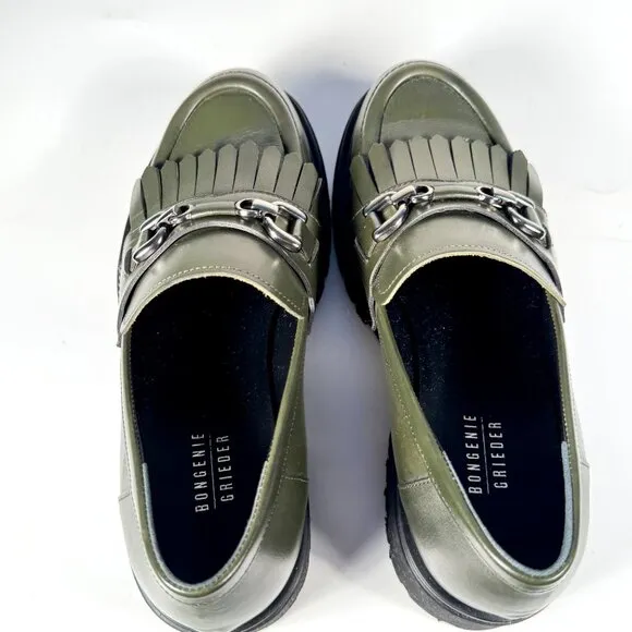 Olive Green Leather Chunky Loafers, Kiltie &amp; Silver Chain Made in Italy 7.5 NWOT