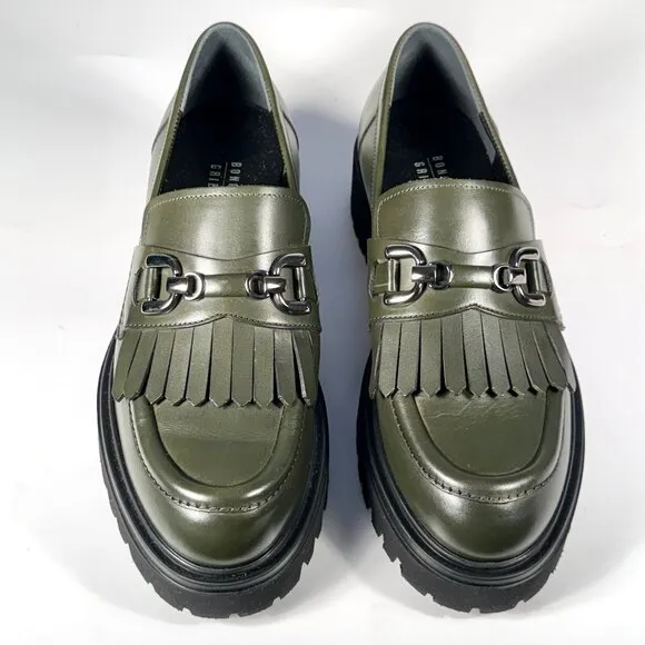 Olive Green Leather Chunky Loafers, Kiltie &amp; Silver Chain Made in Italy 7.5 NWOT