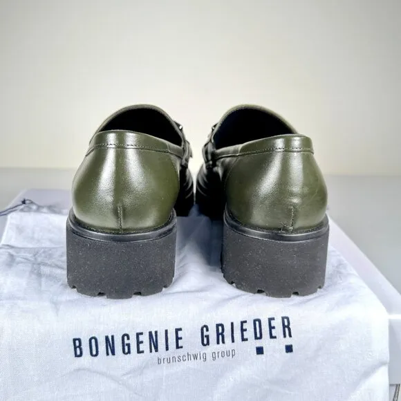 Olive Green Leather Chunky Loafers, Kiltie &amp; Silver Chain Made in Italy 7.5 NWOT
