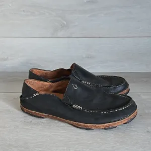 OluKai Men's Moloa Black Leather Loafers Slip On Shoes Sz 10