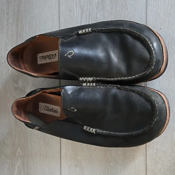 OluKai Men's Moloa Black Leather Loafers Slip On Shoes Sz 10
