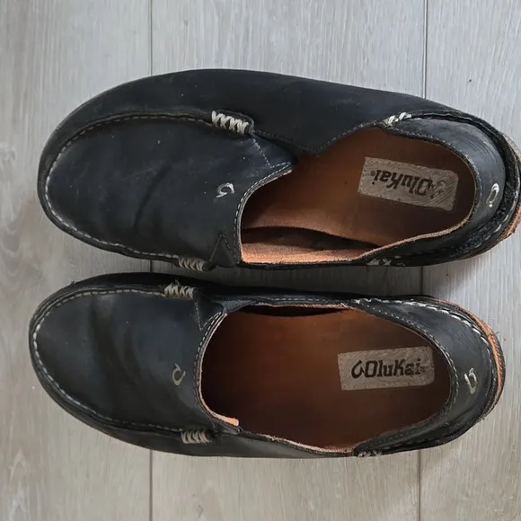 OluKai Men's Moloa Black Leather Loafers Slip On Shoes Sz 10